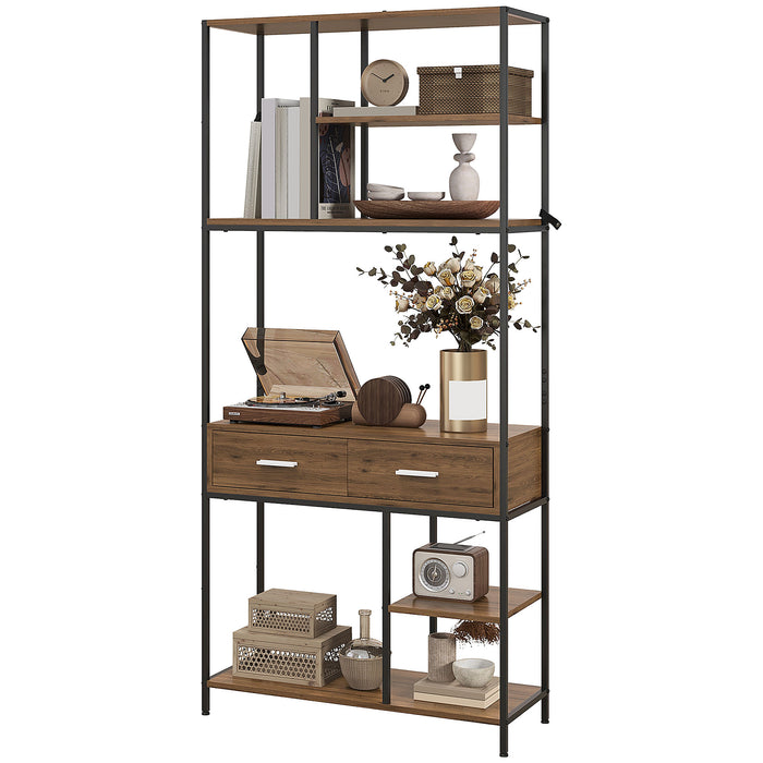 Industrial Style 7-Shelf Display Unit with Storage Drawers - Sturdy Brown/Black Organizer - Ideal for Showcasing and Decluttering Home or Office