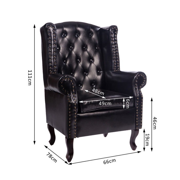 Antique High Back Chesterfield Armchair - Queen Anne PU Leather Fireside Chair with Cushion, Black - Elegant Seating for Living Room and Library