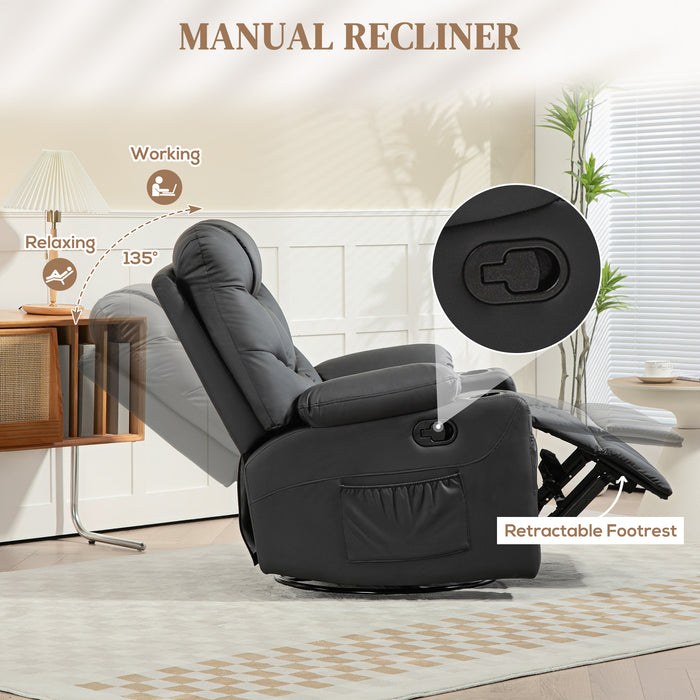 Luxury Faux Leather Swivel Recliner Chair - Manual Reclining Armchair with Built-In Footrest & Cup Holders - Comfortable Home Theater Seating for Living Room Relaxation