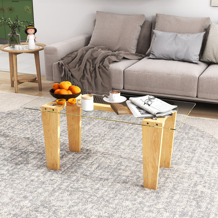 Natural Rubber Wood Rectangle Coffee Table - Transparent Tabletop Design - Ideal for Stylish Living Room Decor