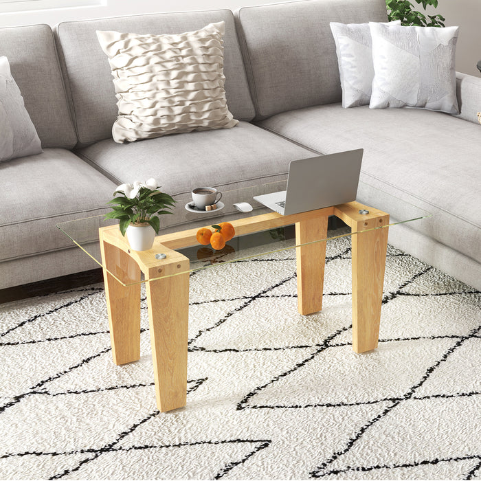Natural Rubber Wood Rectangle Coffee Table - Transparent Tabletop Design - Ideal for Stylish Living Room Decor