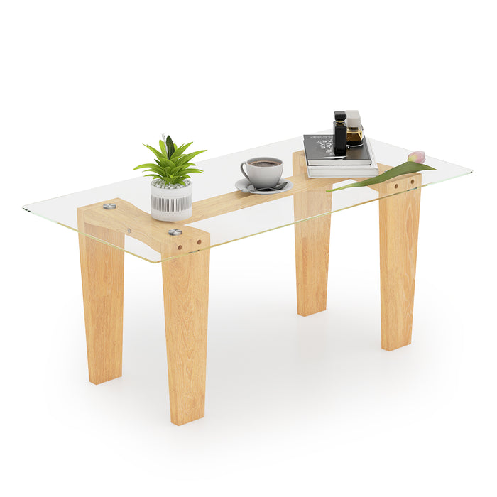 Natural Rubber Wood Rectangle Coffee Table - Transparent Tabletop Design - Ideal for Stylish Living Room Decor