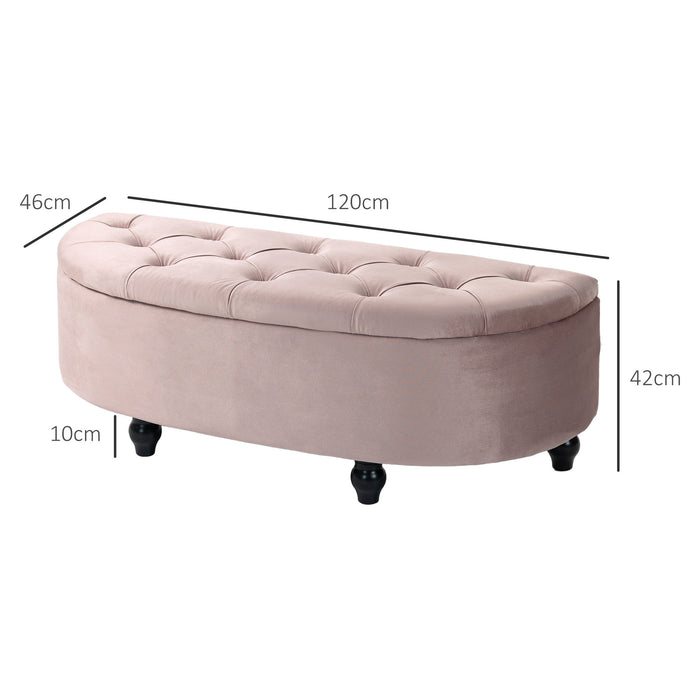 Tufted Semi-Circle Ottoman with Storage - Upholstered Bench Seat & Footrest with Rubberwood Legs for Bedroom and Entryway - Elegant Pink Accent Furniture for Comfort and Organization