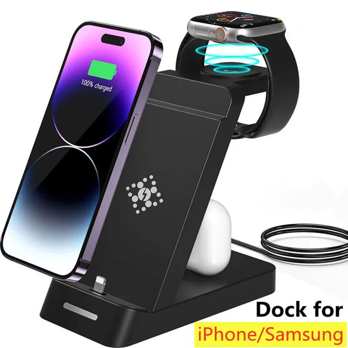 Wireless Charger Stand for iPhone 14 13 12 11 X, Samsung S22 S21 - 3 in 1 Fast Charging Station Dock with AirPods & Galaxy/Apple Watch Compatibility - Ideal for Multidevice Users Looking for Quick and Efficient Charging Solutions