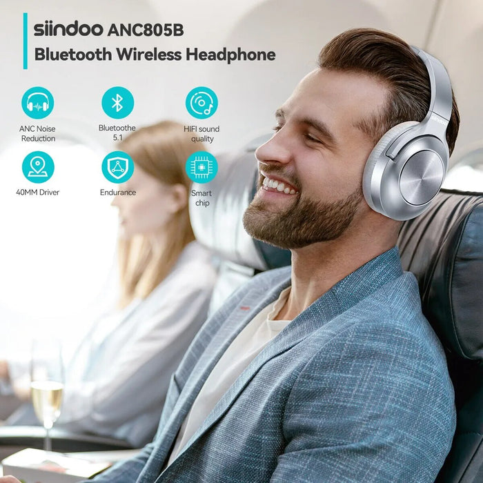 Siindoo JH-ANC805 - Wireless Bluetooth Headset with Active Noise Cancelling and Deep Bass, Over Ear Design and Mic - Ideal for Travel, Work, and TV Viewing