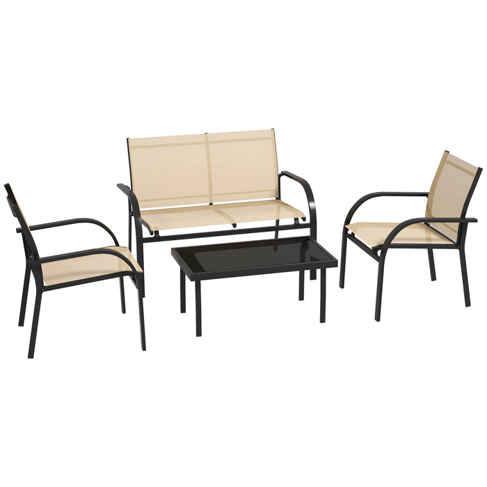 Curved Steel 4-Piece Patio Set - Loveseat, Texteline Chairs, Glass-Top Table for Garden & Balcony - Ideal for Family Gatherings & Entertaining Guests, Beige