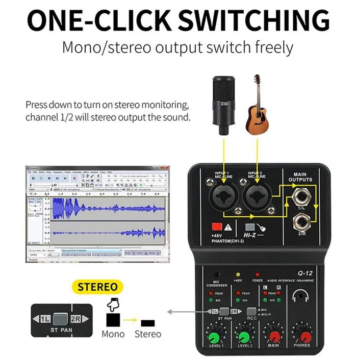 Q-12 Professional - Portable Mixer Sound Card with Monitor, Electric Guitar, Live Broadcast Recording, Studio Singing Tools for Computer PC - Ideal for Musicians and Broadcasters