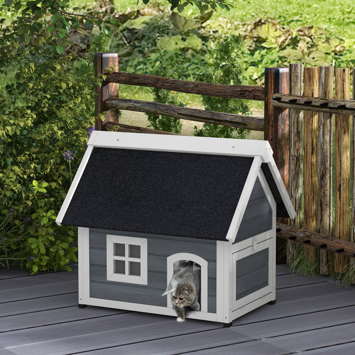 Wooden Feral Cat Shelter with Waterproof Asphalt Roof - Tri-Door Outdoor Cat Hideaway House, 77x57.5x68cm, Grey - Ideal for Stray & Feral Cats Sanctuary