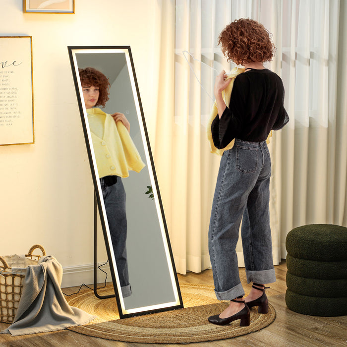 HOMCOM Full Length Mirror with LED Lights, 150 x 40cm Free Standing Mirror with Dimming and 3 Colour Lighting, Leaning or Wall Mirror with Metal Frame for Living Room, Bedroom, Black