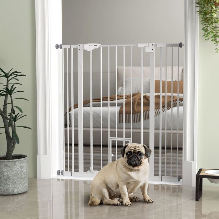 Extra Tall Indoor Safety Pet Gate with Cat Door - Automatic Closing Feature, Adjustable Width 74-101cm - Ideal for Dogs & Cats, White Color
