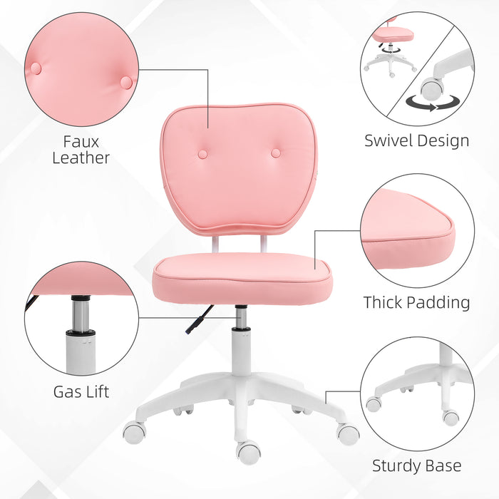 Vanity Office Chair - PU Leather Armless Computer Chair with Adjustable Height and Swivel Wheels - Perfect for Home Office Comfort in Pink