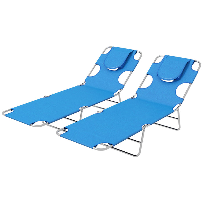 Portable Folding Sun Lounger Set of 2 - Adjustable Backrest, Reading Hole, Side Pocket, Headrest Pillow - Ideal for Outdoor Relaxation and Sunbathing