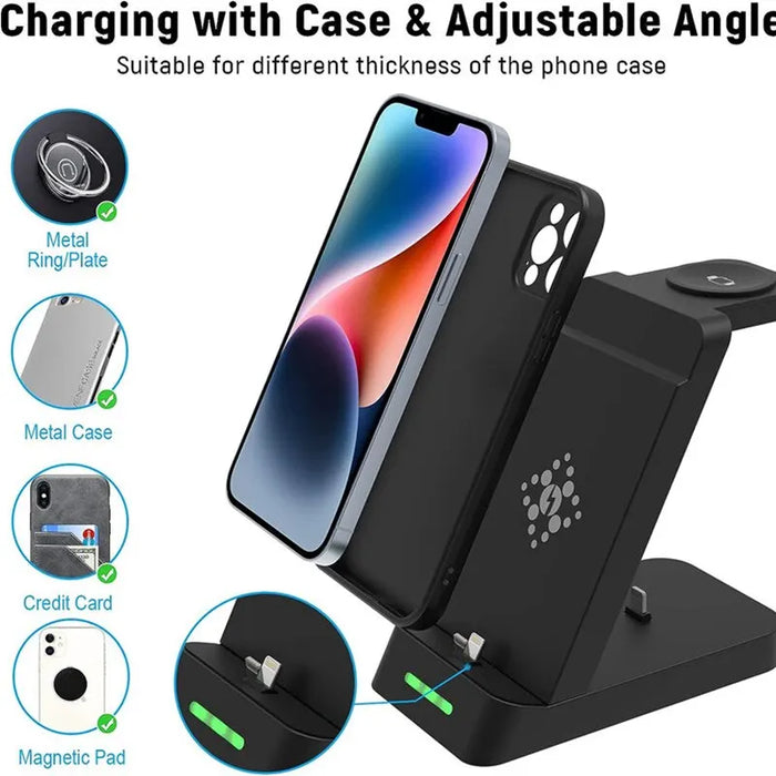 Wireless Charger Stand for iPhone 14 13 12 11 X, Samsung S22 S21 - 3 in 1 Fast Charging Station Dock with AirPods & Galaxy/Apple Watch Compatibility - Ideal for Multidevice Users Looking for Quick and Efficient Charging Solutions