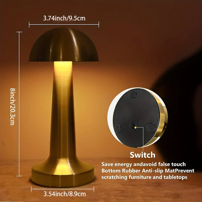 LED Mushroom Table Lamp - Portable, 3 Levels Brightness, Metal Touch Control, Rechargeable Night Light - Ideal for Bedroom Lighting Needs