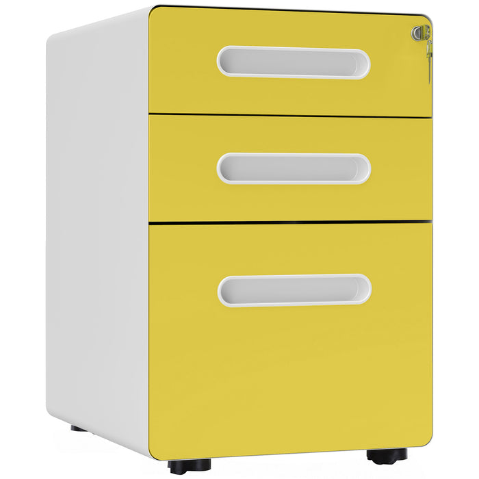 Vinsetto 3 Drawer Filing Cabinet, Steel Lockable File Cabinet with Lock and Wheels, for A4, Letter, Legal Sized Files, Yellow | Aosom UK