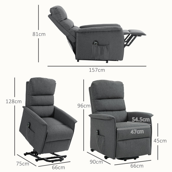 Electric Power Lift Recliner Chair - Fabric Armchair with Spring Pack Seat, Footrest, Side Pockets for Elders - Comfortable Remote-Controlled Reclining Chair for Living Room in Dark Grey