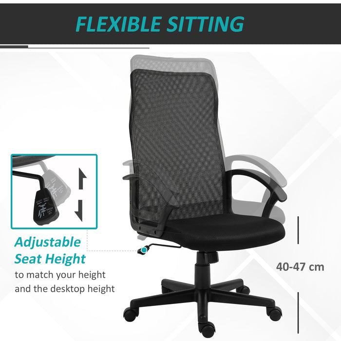 Executive High Mesh Back Chair - Adjustable Height with Wide Padded Seat and Fixed Armrests - Comfortable Home and Office Support, Black