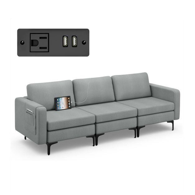 3-Seat Sofa with Magazine Caddy - Light Grey Couch Featuring Socket and USB Charging Ports - Perfect for Contemporary Living Spaces and Technology-Integrated Homes