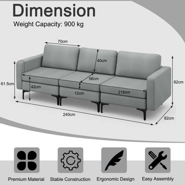 3-Seat Sofa with Magazine Caddy - Light Grey Couch Featuring Socket and USB Charging Ports - Perfect for Contemporary Living Spaces and Technology-Integrated Homes