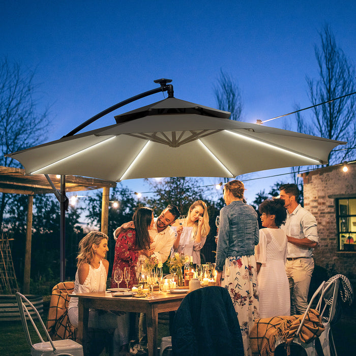 Cantilever Banana Parasol with LED Solar Lights - Double Roof Hanging Umbrella with Crank, 8 Ribs & Cross Base - Outdoor Oasis for Garden, Patio Use in Light Grey