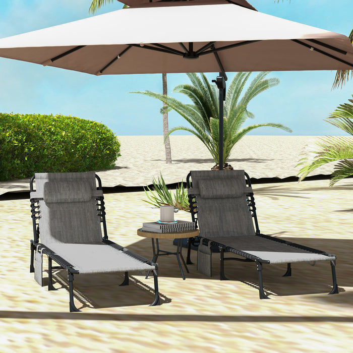 Folding Sun Lounger Duo Pack - Adjustable Reclining Outdoor Chair with Pillow and Side Pocket, Mixed Grey - Ideal for Patio, Garden, Beach, and Pool Relaxation