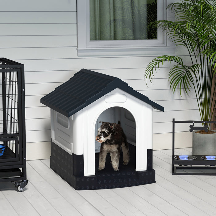 Durable Plastic Canine House with Viewing Windows - Outdoor Dog Kennel for Patio Use, Ideal for Mini and Small Breed Dogs - Weather-Resistant Grey Shelter, 80x69x76cm