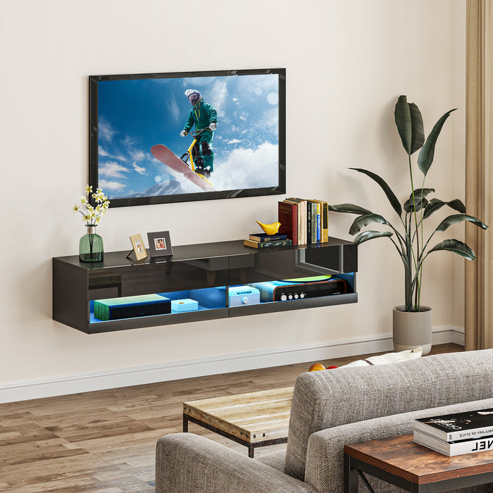 Modern Black Floating TV Cabinet with LED Lights - High Gloss Wall Mounted Media Unit with Storage Shelves - Stylish Entertainment Center for Living Room