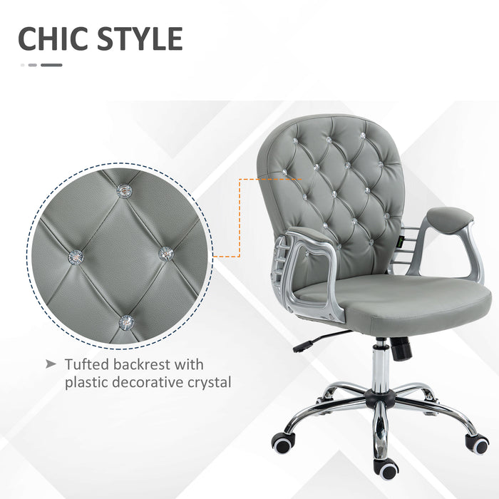 Ergonomic 360° Swivel Office Chair - PU Leather with Diamante Detailing & Padded Base, 5 Castor Wheels - Comfortable Seating Solution for Home and Office Workers, Grey