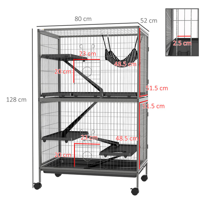 Chinchilla & Ferret Mobile Home - Small Animal Cage with Hammock & Wheels, Removable Tray in Silver Grey - Ideal for Kitten Care and Easy Mobility