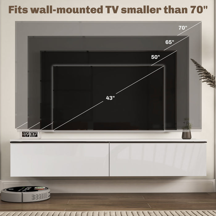 High Gloss 160cm Floating TV Stand - Wall-Mounted Cabinet for 70-inch Televisions, Storage Cupboards Included - Sleek Living Room Furniture for Modern Homes