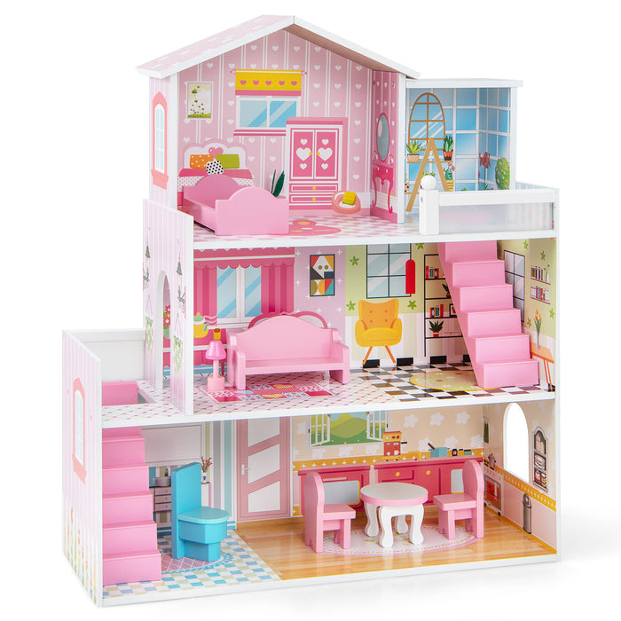 Wooden Dollhouse for Kids - DIY Pretend Play Toy Set - Ideal for Toddlers Aged 3-7 Years Old