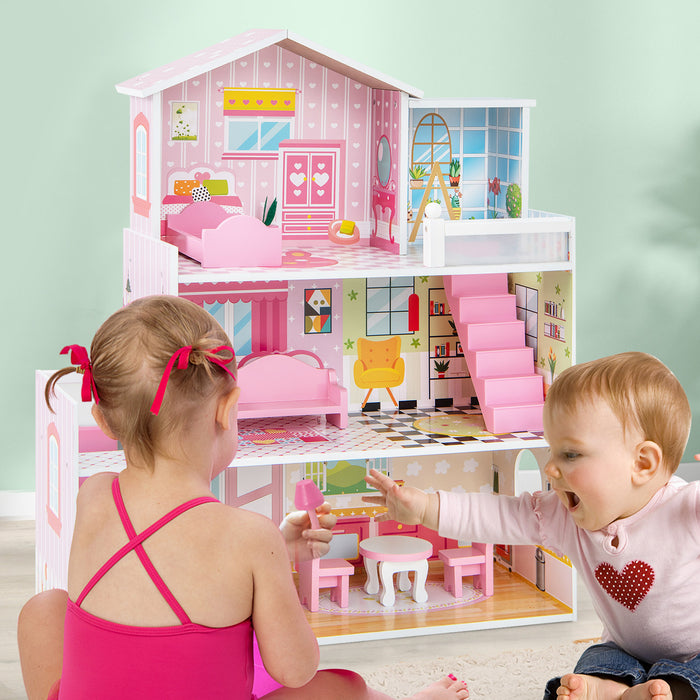 Wooden Dollhouse for Kids - DIY Pretend Play Toy Set - Ideal for Toddlers Aged 3-7 Years Old