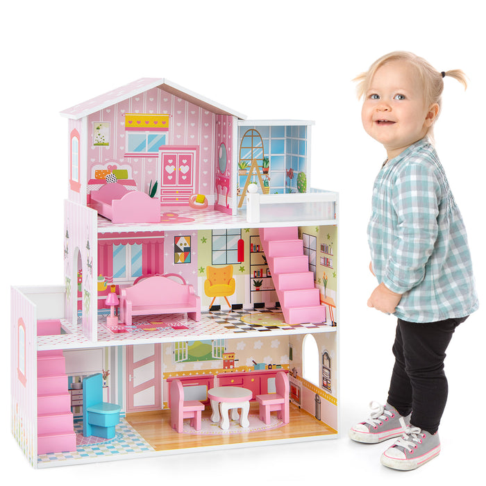 Wooden Dollhouse for Kids - DIY Pretend Play Toy Set - Ideal for Toddlers Aged 3-7 Years Old