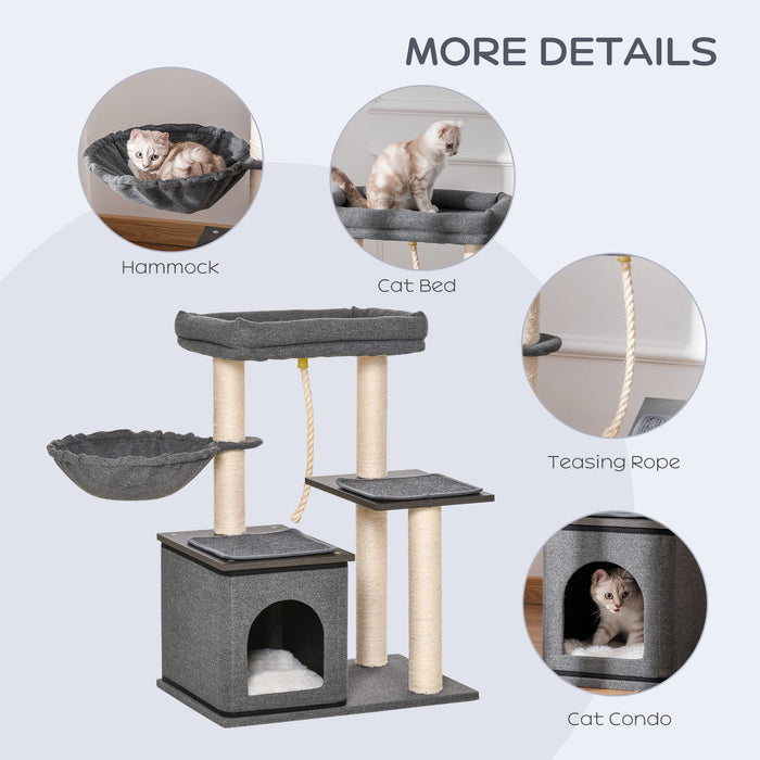 Cat Tree Tower for Climbing - Multi-Level Activity Center with Sisal Scratching Posts, Cozy Bed, Condo & Teasing Rope - Ideal for Kittens & Agile Cats, 60x40x83cm, Dark Grey