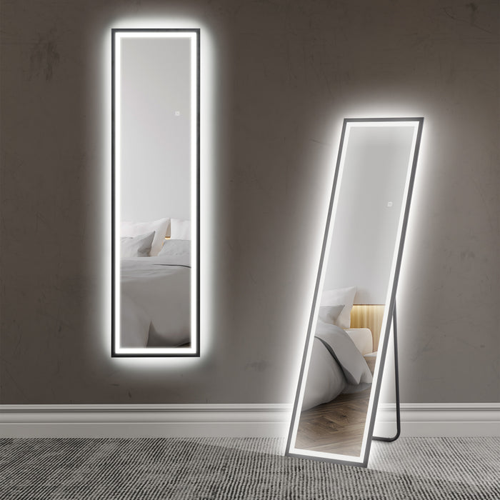 HOMCOM Full Length Mirror with LED Lights, 150 x 40cm Free Standing Mirror with Dimming and 3 Colour Lighting, Leaning or Wall Mirror with Metal Frame for Living Room, Bedroom, Black