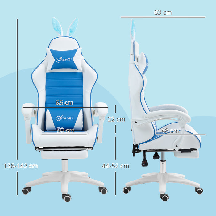 Racing Gaming Chair with Removable Rabbit Ears - Reclining PU Leather Computer Chair with Footrest & Lumbar Support, Vibrant Blue - Ideal for Gamers & Comfort-Seeking Professionals