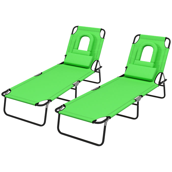 Outdoor Foldable Sun Lounger Set - 4-Level Adjustable Backrest, Pillow and Reading Hole, Green - Ideal for Patio Relaxation & Poolside Comfort