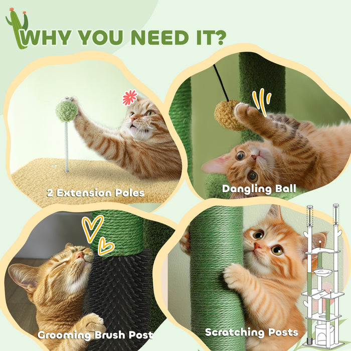 PawHut 225-255cm Height Adjustable Floor to Ceiling Cat Tree, Tall Cat Tower for Indoor Cats w/ Scratching Posts - Green | Aosom UK