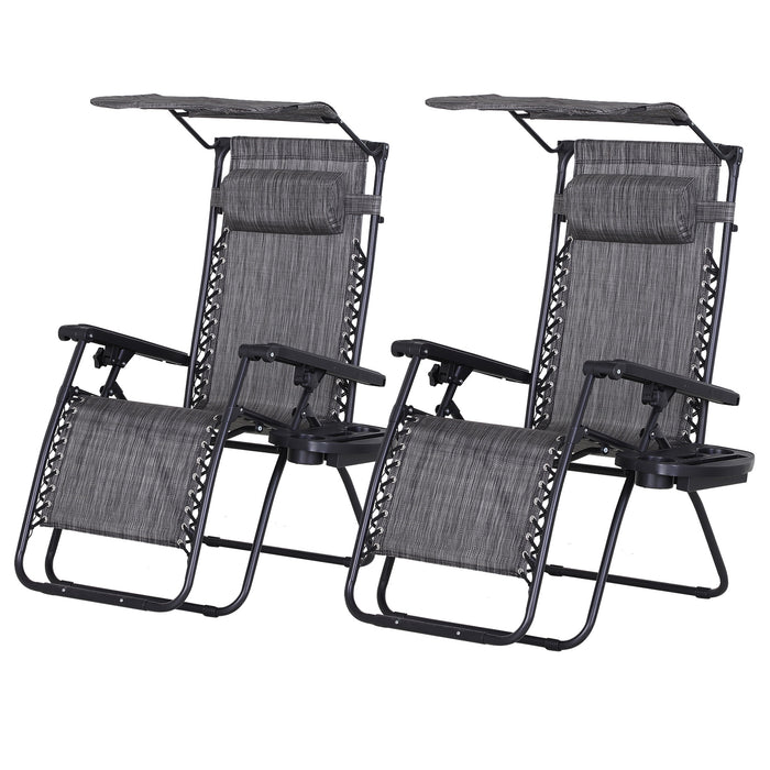 Foldable Reclining Garden Chair Set with Headrest - Zero Gravity Outdoor Loungers with Footrest, Armrests, Cup Holder & Canopy Shade - Comfortable Patio Furniture for Relaxation