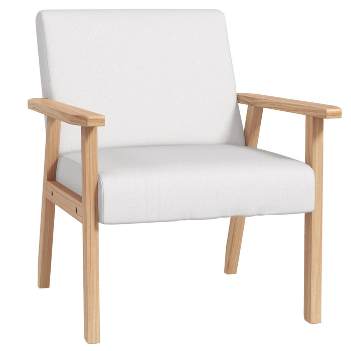 Thick Linen-Cushioned Accent Chair with Wood Frame - Wide Seat Armchair in Cream White, Ideal for Bedroom & Office Furniture - Comfortable Seating for Home Spaces