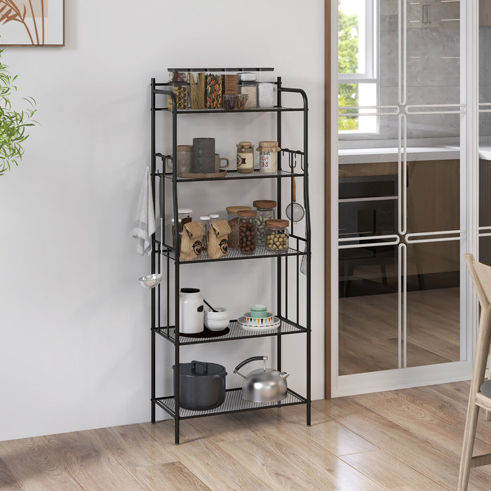 5-Tier Kitchen Storage Rack - Microwave Stand with Open Mesh Shelves & Bonus Hooks - Versatile Coffee Bar Station for Living Room, Steel Frame, Black