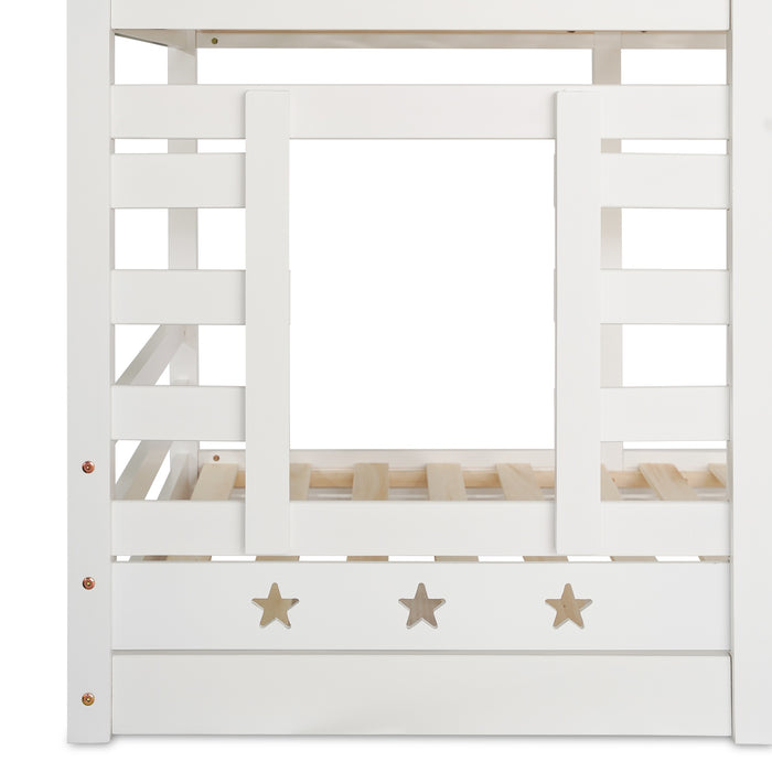 Solid Pine Wood Twin Sleeper with Storage - Cabin Bunk Bed with Built-in Staircase, Cupboards, and Underbed Drawers, 235x97x217 cm in White - Ideal Space Saver for Kids' Bedroom