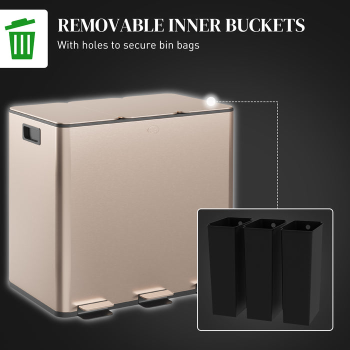 Steel Triple Pedal Bin, 15L Compartments - Soft Close Lid, Removable Buckets, Fingerprint-Proof Finish in Luxurious Gold Tone - Ideal for Recycling & Waste Management in Kitchens