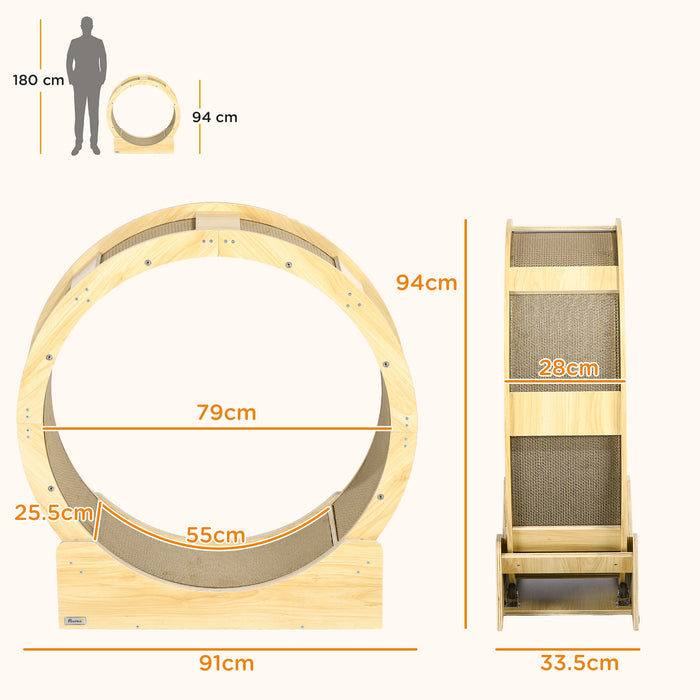 Cat Exercise Wheel with Braking System - Oak Finish & Built-In Scratching Pads - Ideal for Active Indoor Cats