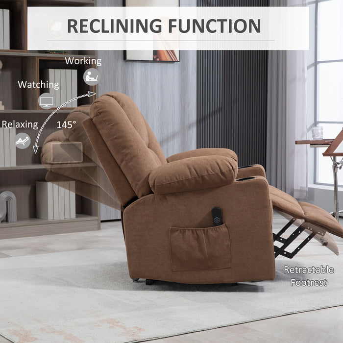 Extra Large Lift Recliner Chair with Remote - Fabric Upholstered, Side Pockets, Cup Holder for Living Room Comfort - Ideal for Elderly, Mobility Assistance Brown Chair