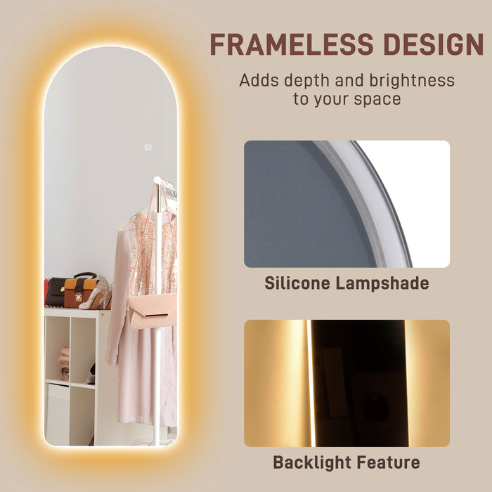 HOMCOM Arched Full Length Mirror with LED Lights, 120 x 40cm Backlit Frameless Wall Mirror with Dimming and 3 Colour Lighting for Living Room, Bedroom, Clear