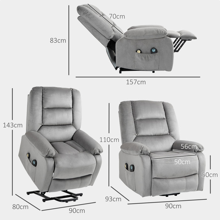 Electric Massage Riser & Recliner Chair with Heating - Vibration Massage, Heated Seat, Handy Side Pocket in Grey - Ideal for Relaxation & Mobility Support