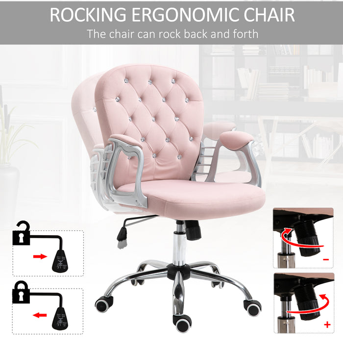 Ergonomic 360° Swivel Office Chair - Diamante Tufted Velour with Padded Base & 5 Castor Wheels in Pink - Perfect for Home Office Comfort & Style