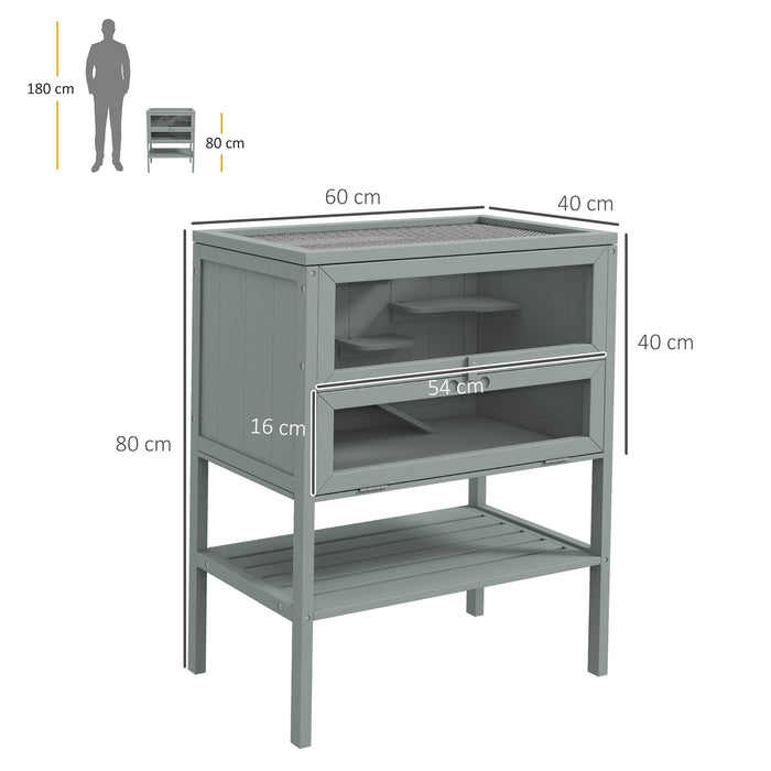 3-Tier Wooden Hamster House with Storage Shelf - Open-Top Design for Easy Access, Grey Finish - Ideal Habitat for Gerbils and Small Rodents