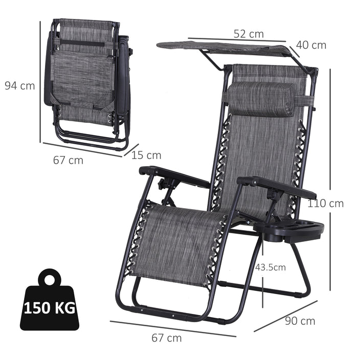 Foldable Reclining Garden Chair Set with Headrest - Zero Gravity Outdoor Loungers with Footrest, Armrests, Cup Holder & Canopy Shade - Comfortable Patio Furniture for Relaxation